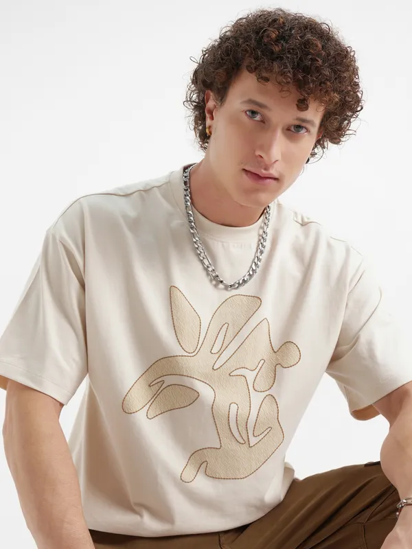 Highlander Men Cream Printed Round Neck Oversized Fit T-Shirt