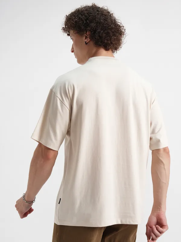 Highlander Men Cream Printed Round Neck Oversized Fit T-Shirt
