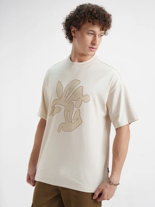 Highlander Men Cream Printed Round Neck Oversized Fit T-Shirt