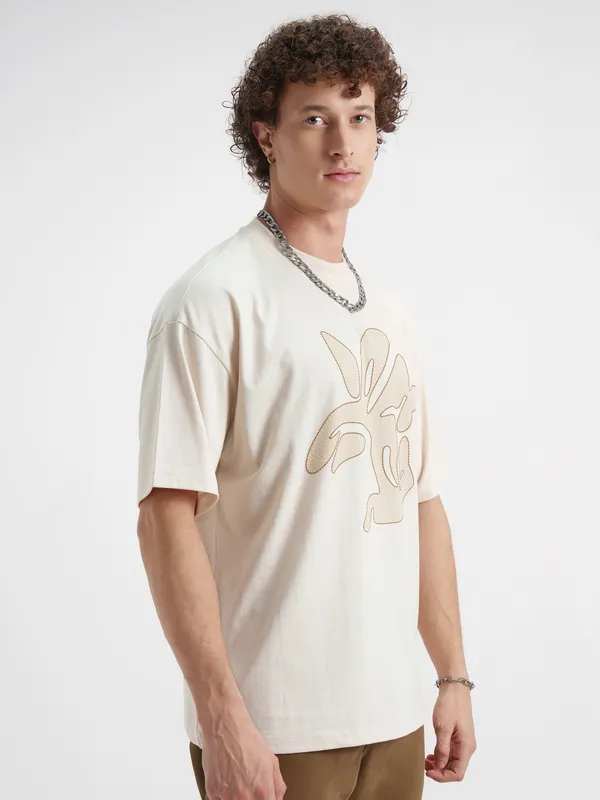 Highlander Men Cream Printed Round Neck Oversized Fit T-Shirt