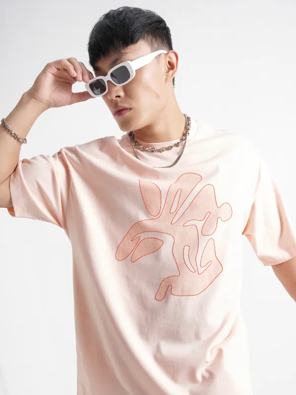 Highlander Men Peach Printed Round Neck Oversized Fit T-Shirt