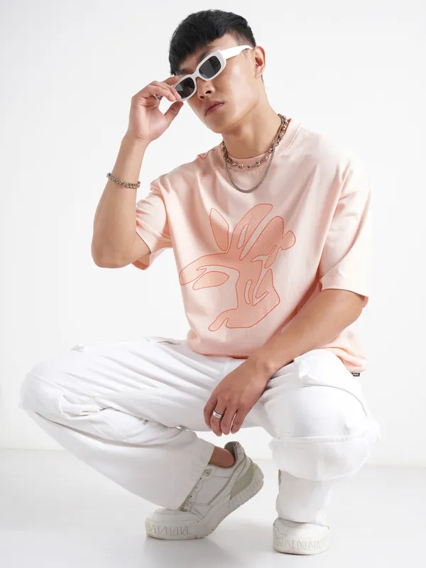Highlander Men Peach Printed Round Neck Oversized Fit T-Shirt