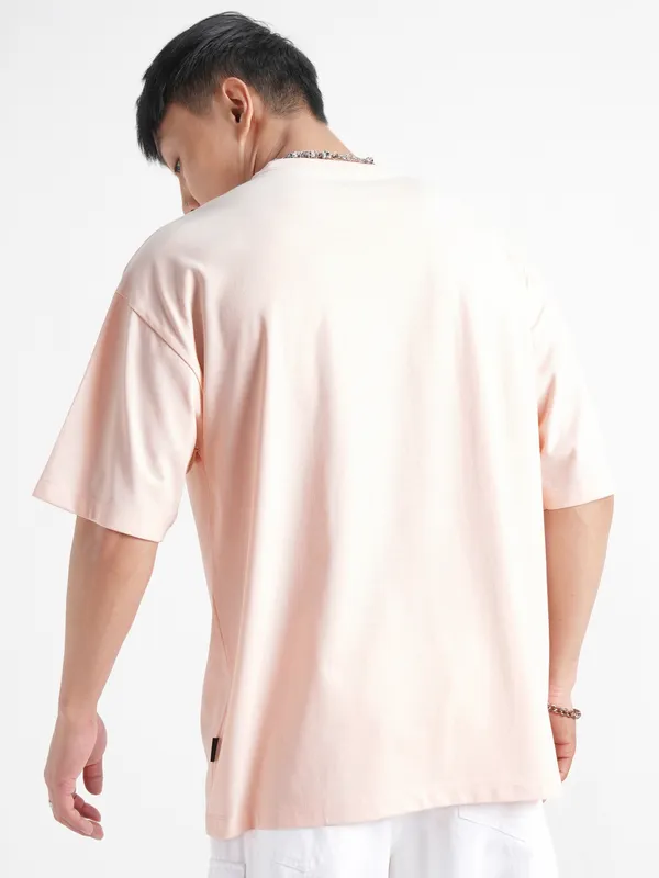 Highlander Men Peach Printed Round Neck Oversized Fit T-Shirt