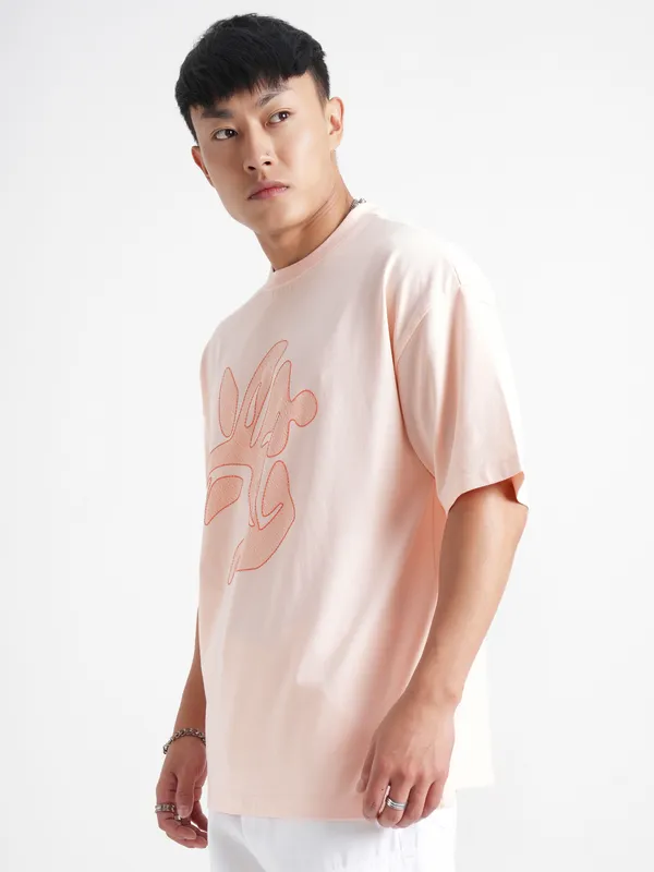 Highlander Men Peach Printed Round Neck Oversized Fit T-Shirt