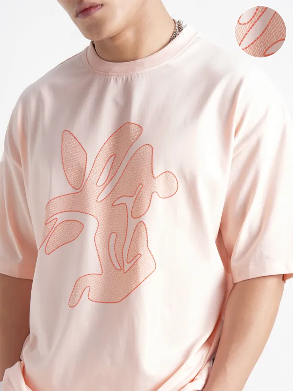 Highlander Men Peach Printed Round Neck Oversized Fit T-Shirt