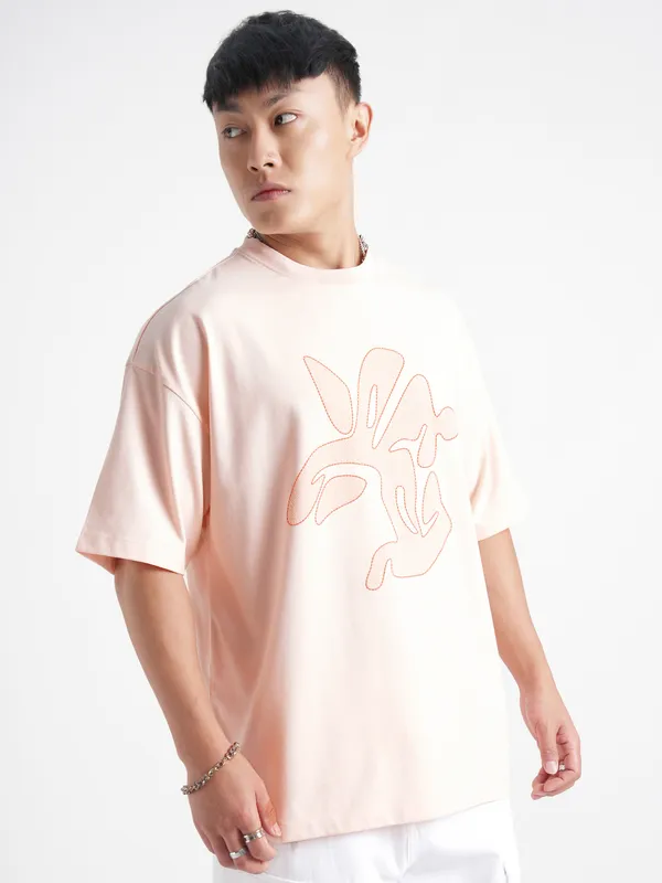 Highlander Men Peach Printed Round Neck Oversized Fit T-Shirt