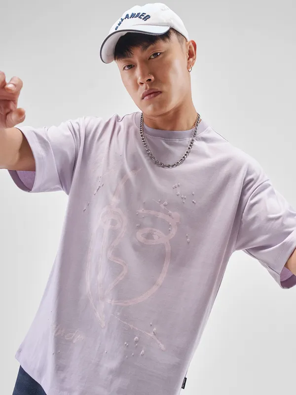 Highlander Men Lvender Printed Round Neck Oversized Fit T-Shirt