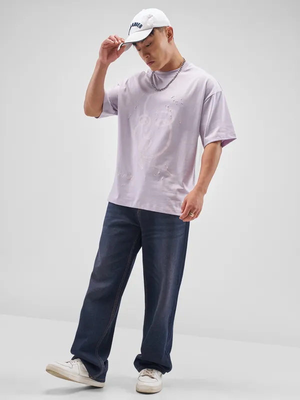Highlander Men Lvender Printed Round Neck Oversized Fit T-Shirt