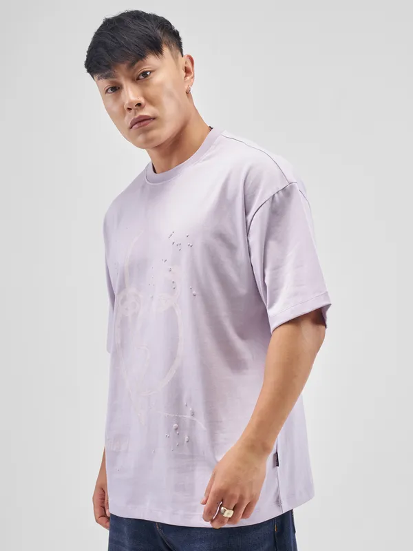 Highlander Men Lvender Printed Round Neck Oversized Fit T-Shirt