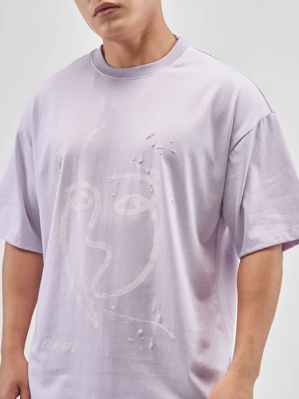 Highlander Men Lvender Printed Round Neck Oversized Fit T-Shirt