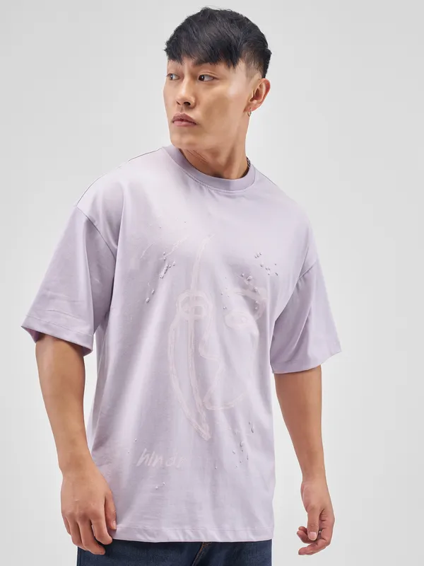 Highlander Men Lvender Printed Round Neck Oversized Fit T-Shirt