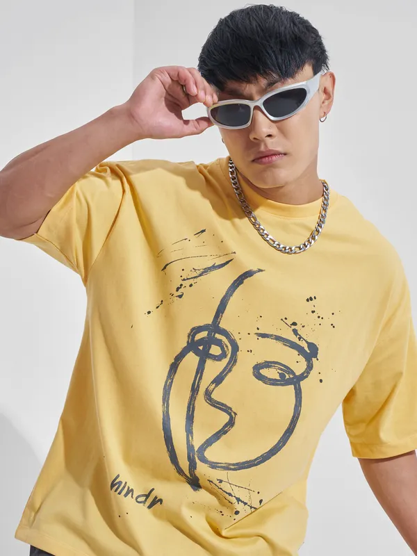 Highlander Men Yellow Printed Round Neck Oversized Fit T-Shirt