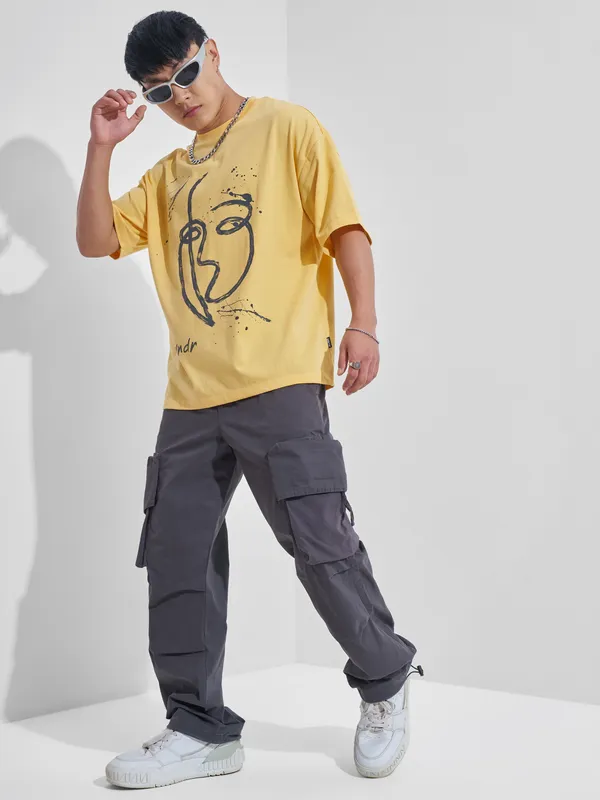 Highlander Men Yellow Printed Round Neck Oversized Fit T-Shirt