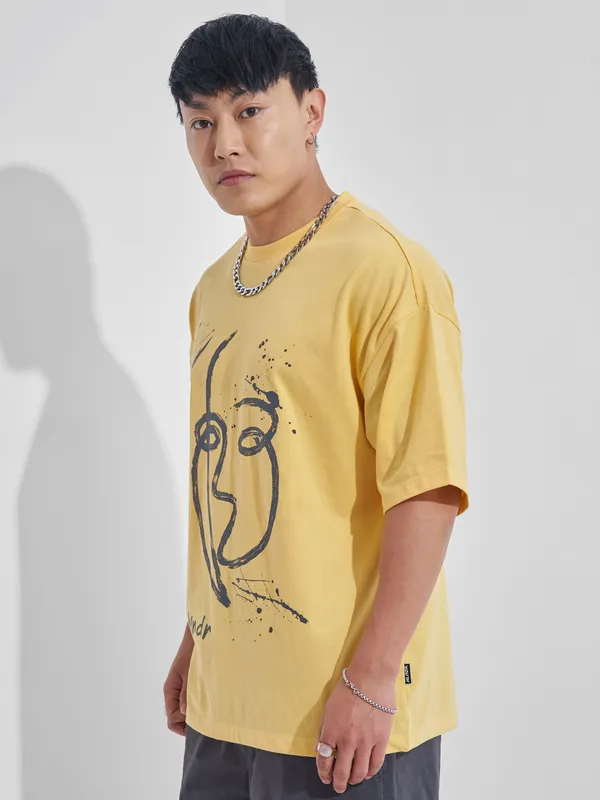 Highlander Men Yellow Printed Round Neck Oversized Fit T-Shirt