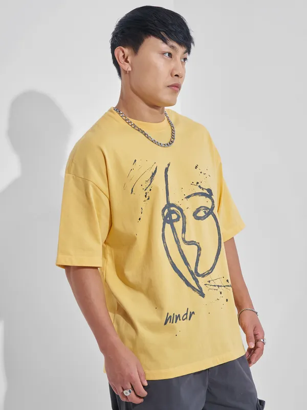 Highlander Men Yellow Printed Round Neck Oversized Fit T-Shirt