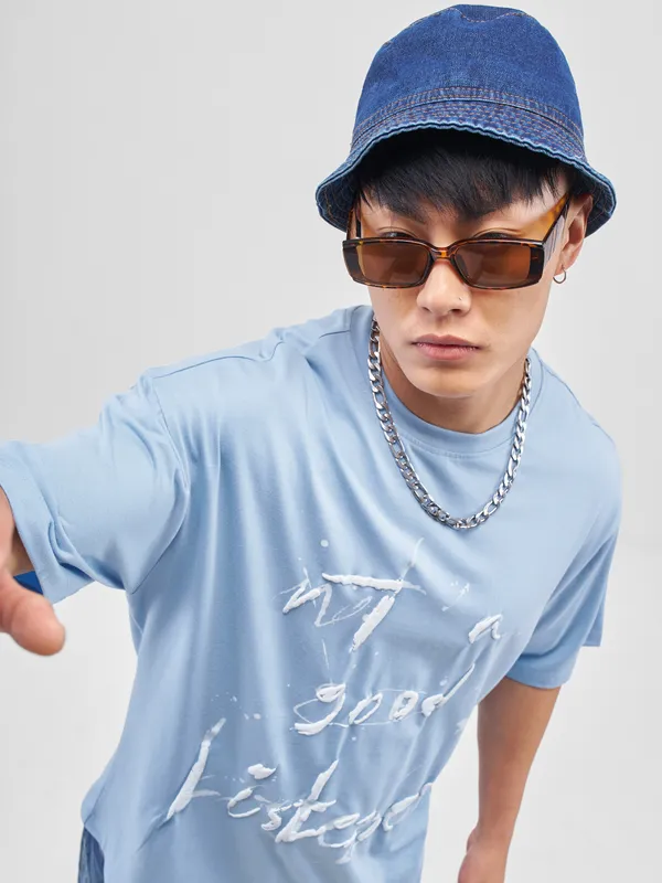 Highlander Men Blue Printed Round Neck Oversized Fit T-Shirt