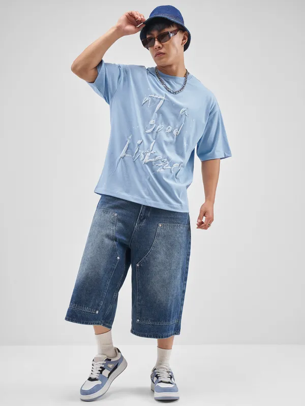 Highlander Men Blue Printed Round Neck Oversized Fit T-Shirt