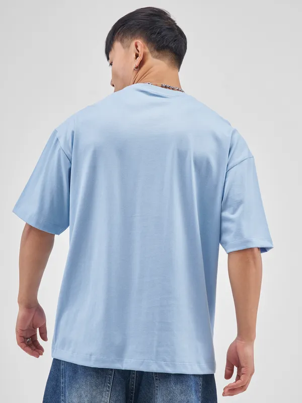 Highlander Men Blue Printed Round Neck Oversized Fit T-Shirt