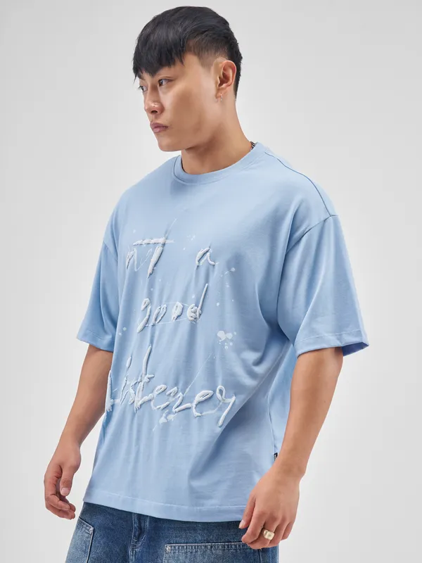 Highlander Men Blue Printed Round Neck Oversized Fit T-Shirt