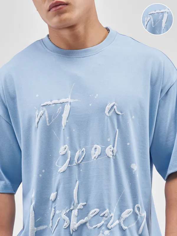 Highlander Men Blue Printed Round Neck Oversized Fit T-Shirt