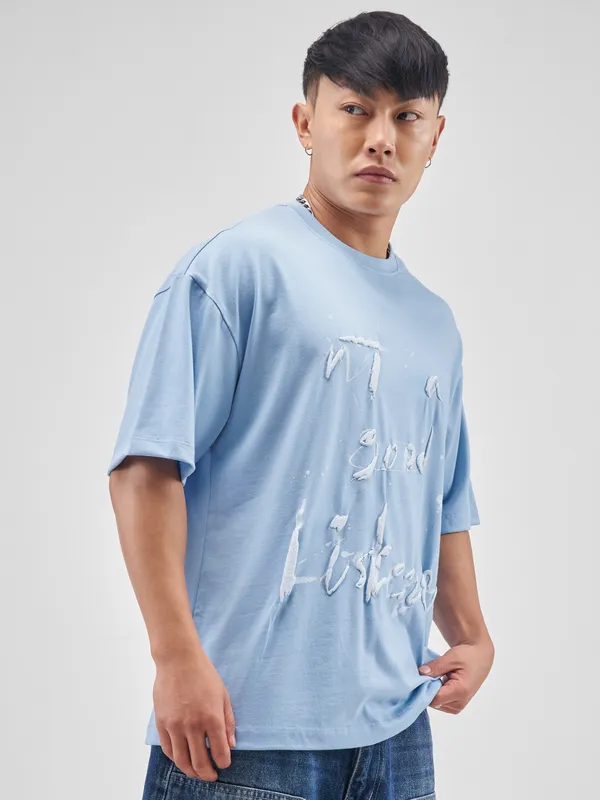 Highlander Men Blue Printed Round Neck Oversized Fit T-Shirt
