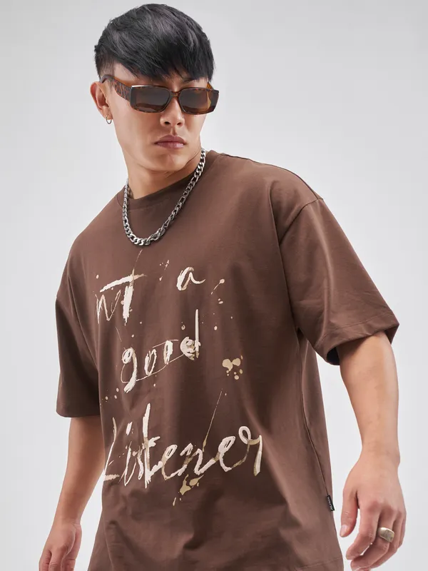 Highlander Men Brown Printed Round Neck Oversized Fit T-Shirt
