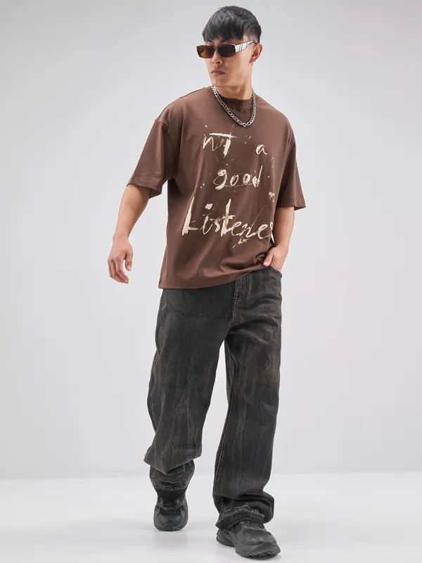 Highlander Men Brown Printed Round Neck Oversized Fit T-Shirt