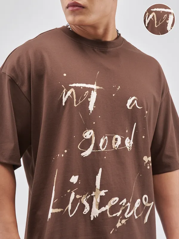 Highlander Men Brown Printed Round Neck Oversized Fit T-Shirt