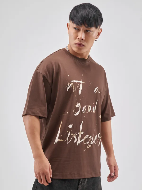 Highlander Men Brown Printed Round Neck Oversized Fit T-Shirt