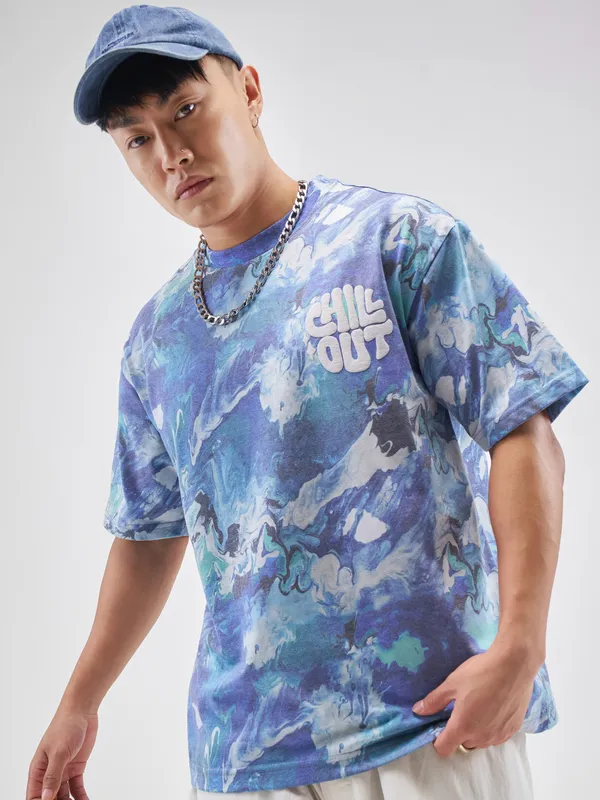 Highlander Men Blue Printed Round Neck T-Shirt