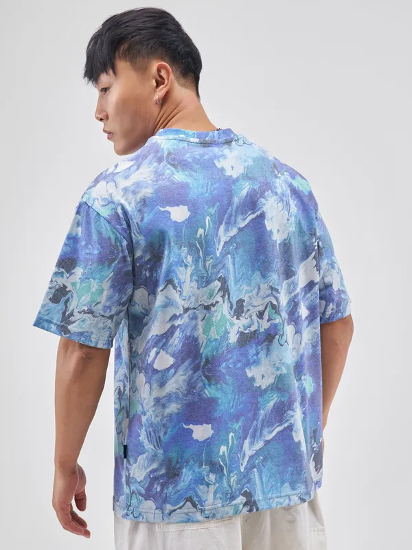 Highlander Men Blue Printed Round Neck T-Shirt