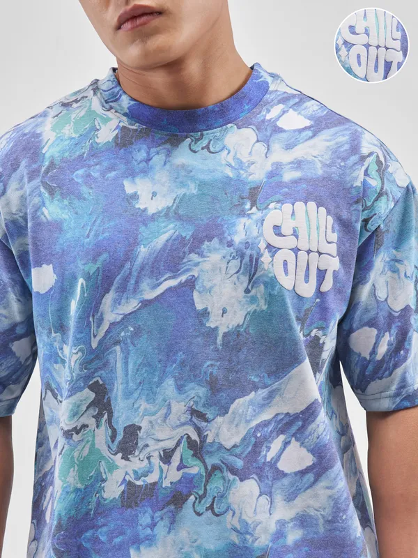 Highlander Men Blue Printed Round Neck T-Shirt