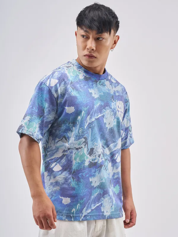 Highlander Men Blue Printed Round Neck T-Shirt