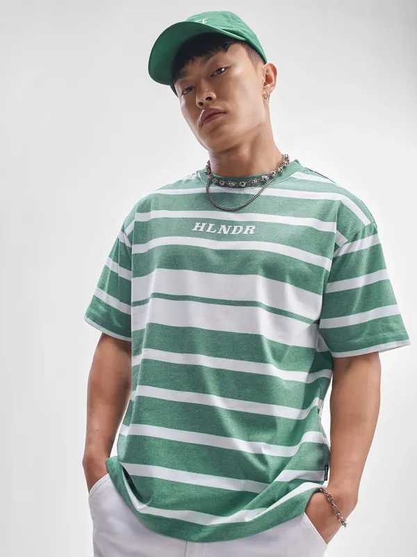 Highlander Men Green Striped Round Neck T-Shirt
