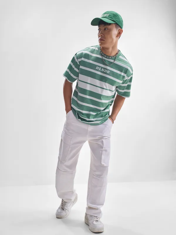 Highlander Men Green Striped Round Neck T-Shirt