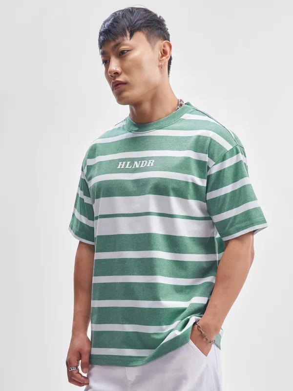 Highlander Men Green Striped Round Neck T-Shirt