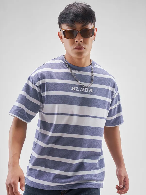Highlander Men Blue Striped Round Neck T-Shirt