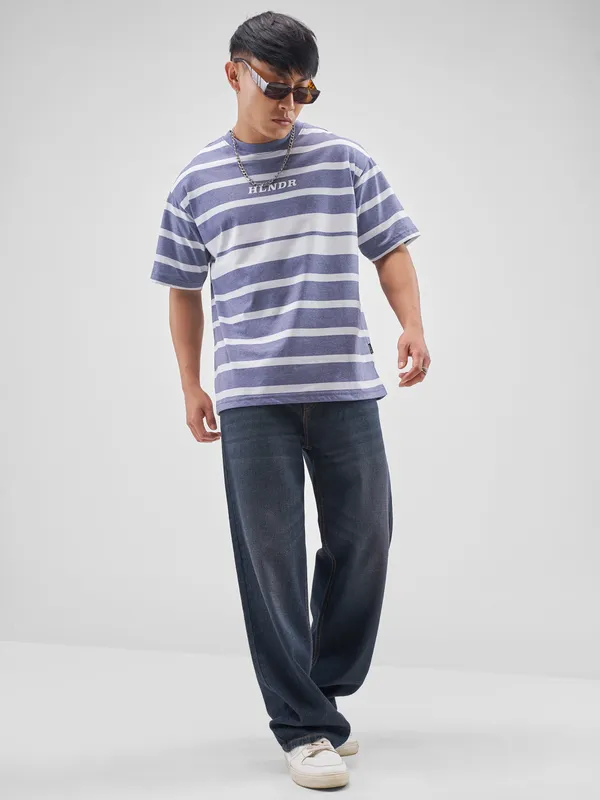 Highlander Men Blue Striped Round Neck T-Shirt