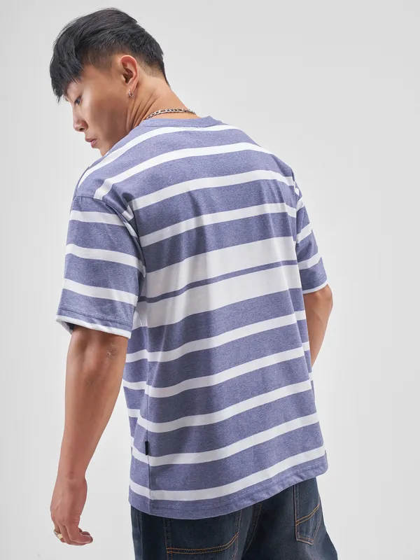 Highlander Men Blue Striped Round Neck T-Shirt