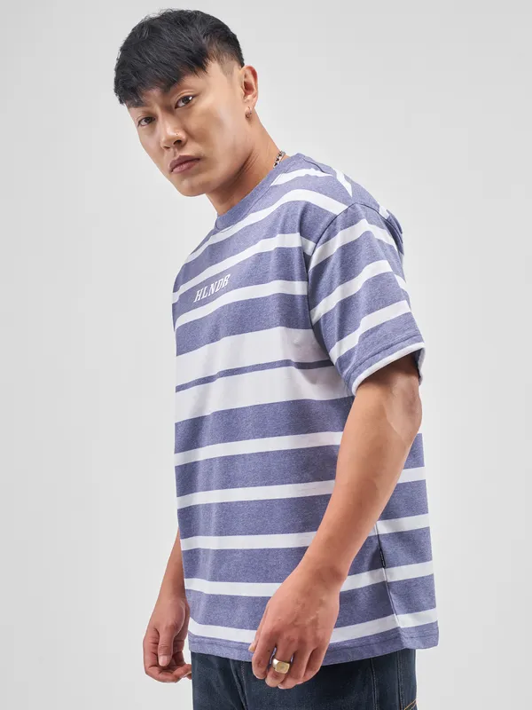 Highlander Men Blue Striped Round Neck T-Shirt