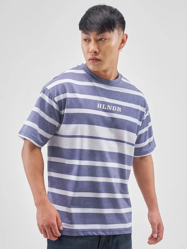 Highlander Men Blue Striped Round Neck T-Shirt