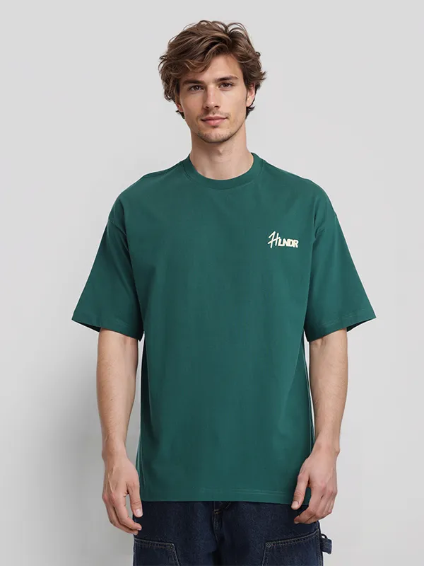 Highlander Men Green Printed Round Neck Oversized Fit T-Shirt