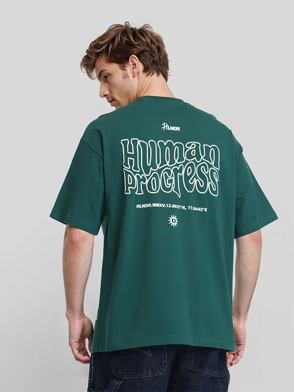 Highlander Men Green Printed Round Neck Oversized Fit T-Shirt