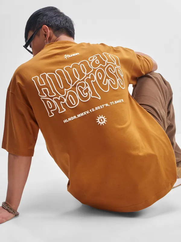 Highlander Men Rust Printed Round Neck Oversized Fit T-Shirt