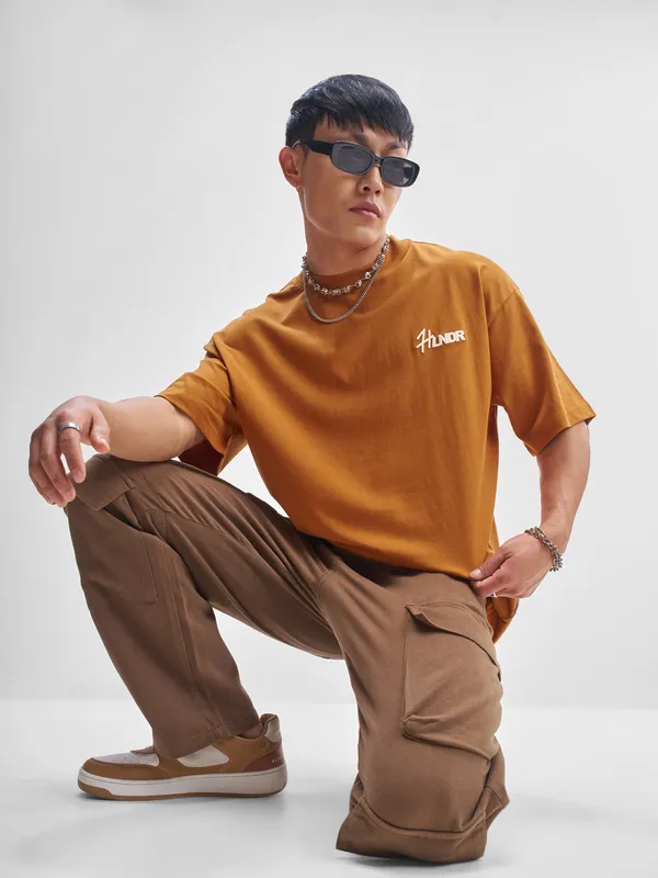 Highlander Men Rust Printed Round Neck Oversized Fit T-Shirt