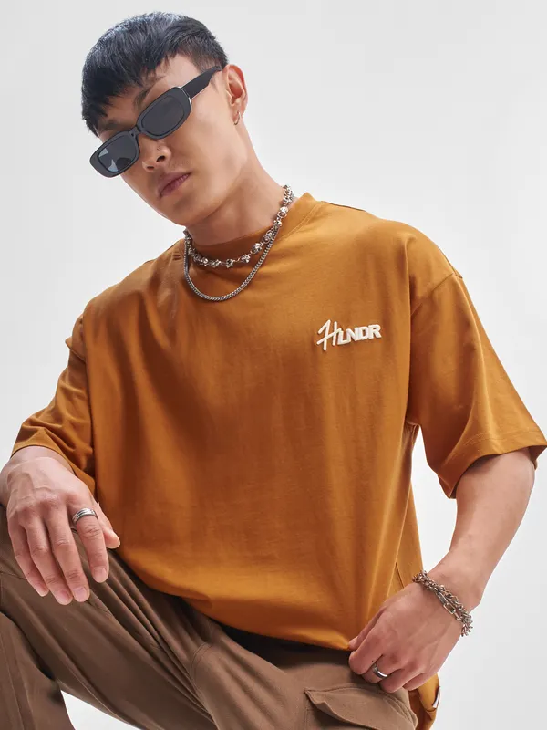 Highlander Men Rust Printed Round Neck Oversized Fit T-Shirt