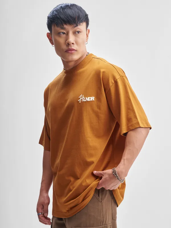 Highlander Men Rust Printed Round Neck Oversized Fit T-Shirt
