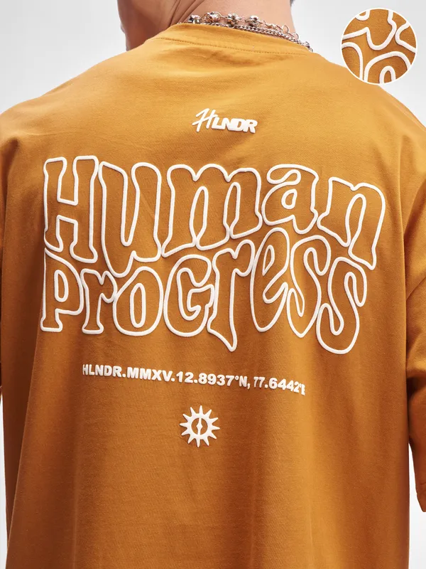 Highlander Men Rust Printed Round Neck Oversized Fit T-Shirt