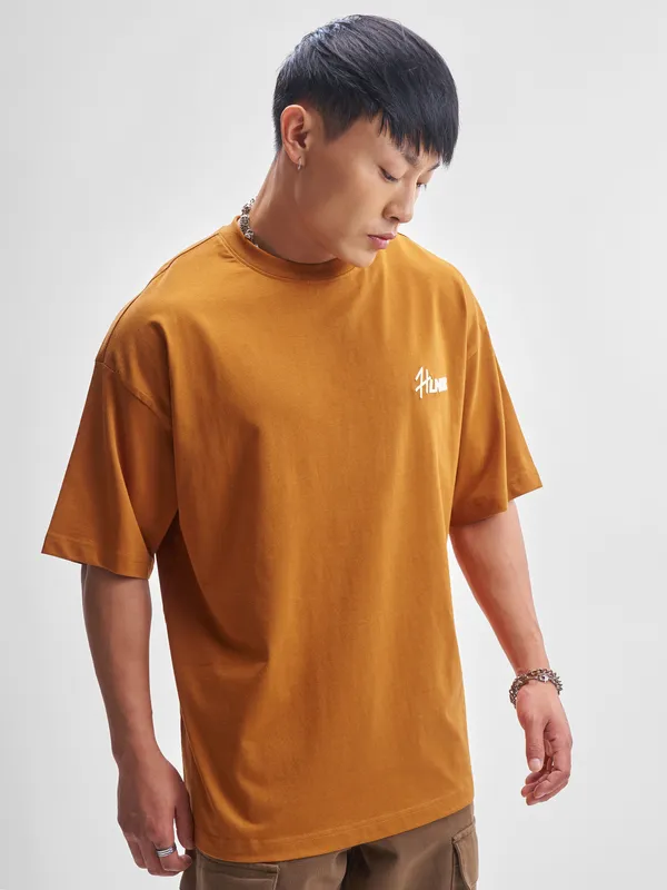 Highlander Men Rust Printed Round Neck Oversized Fit T-Shirt