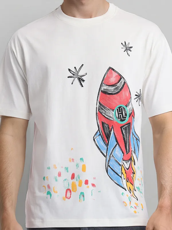 Highlander Men White Printed Round Neck T-Shirt